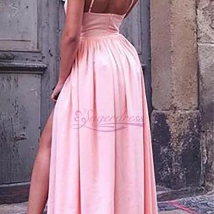 Pink Square Straps Long Prom Dress With Split