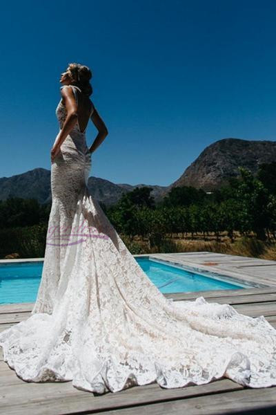 Mermaid Lace High Neck Long Wedding Dress With Train on Luulla