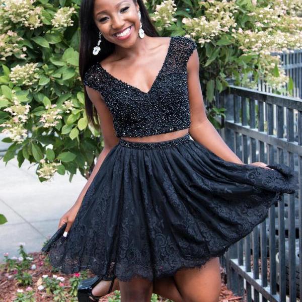 Cute Black Two Piece Short Lace Dress With Beads on Luulla