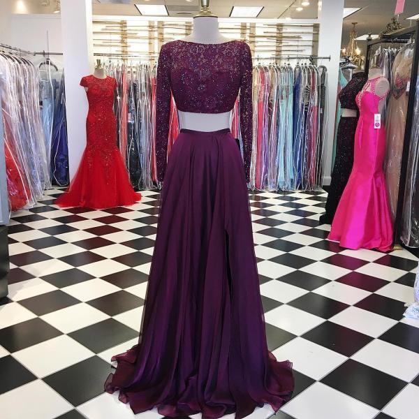 Two Piece Long Sleeves Prom Dress, Burgundy Long Prom Dress on Luulla